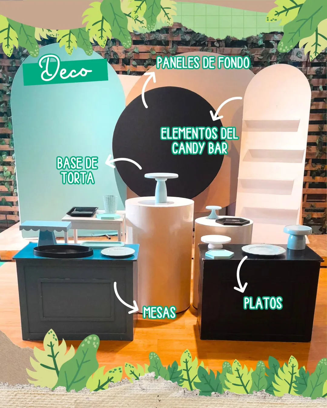 Deco: paneles de fondo, bases de torta, mesas y elementos del candy bar